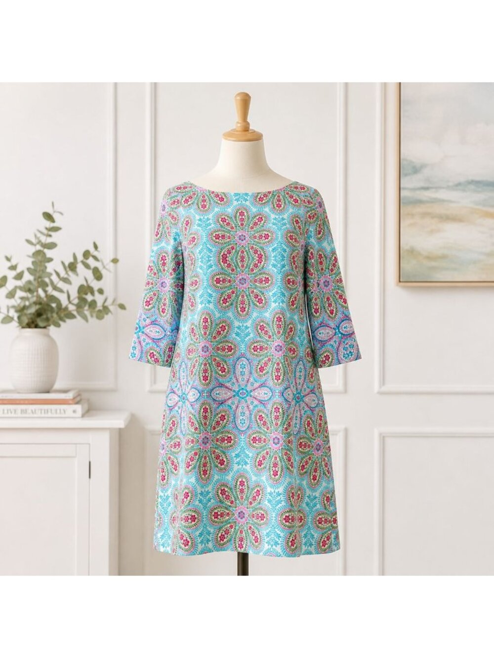 London Times Moroccan Floral Dress Plus Sz 14W A Line 3/4 Sleeve Shift Summer